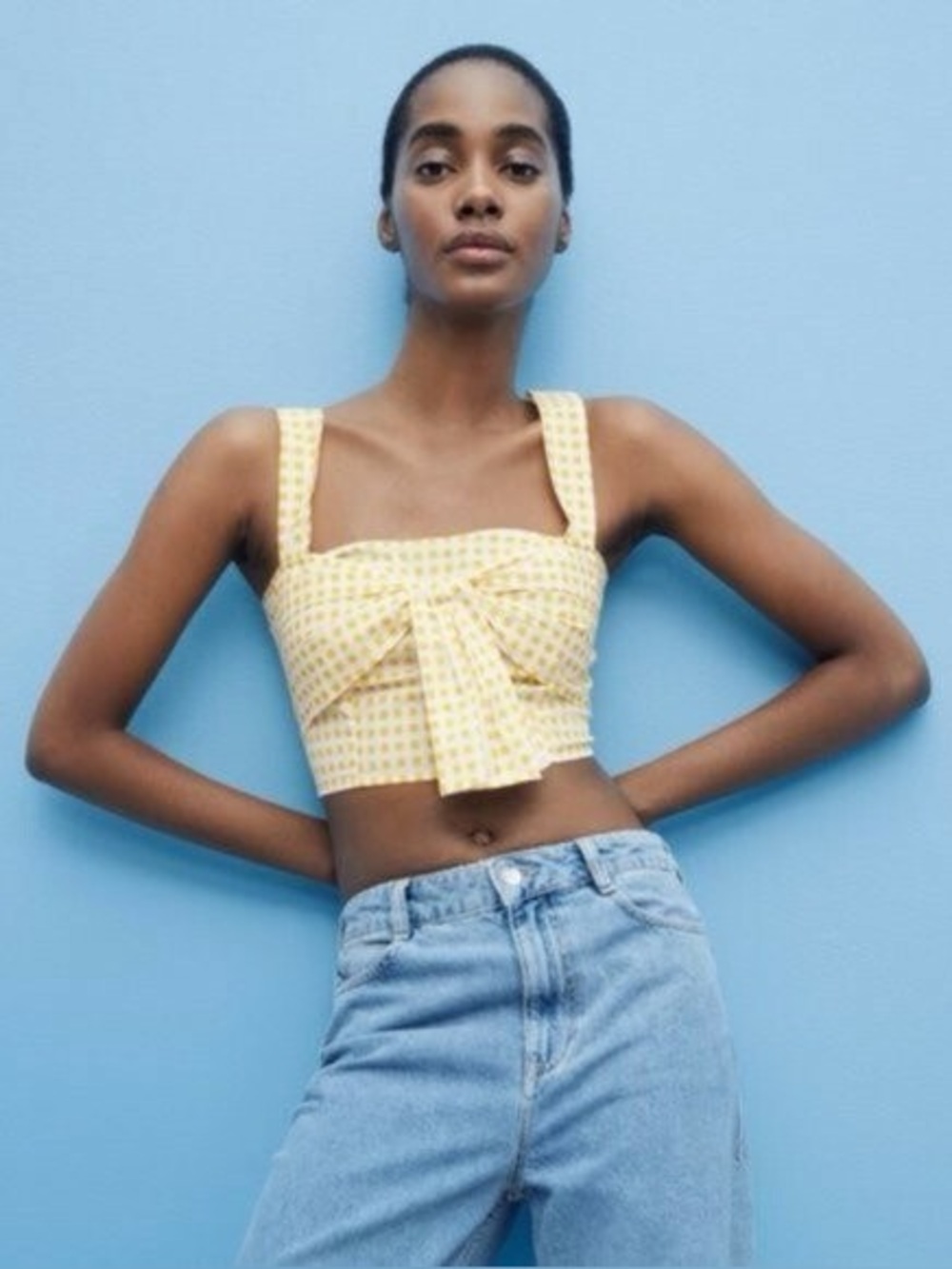 Zara Yellow Gingham Tie-Front Crop Top